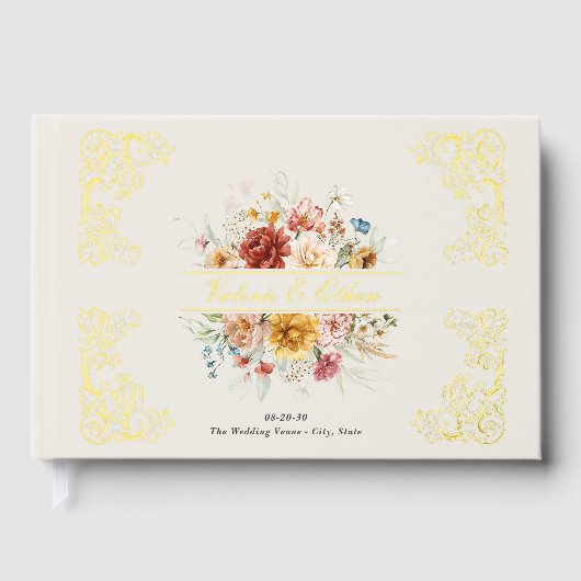 水エレガント色フローラ庭園の結婚式金ゴールド ゲストブック (正面)