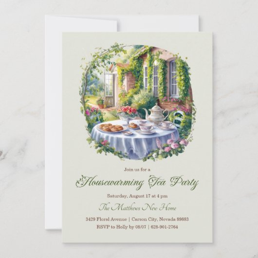 水エレガント色フローラ引っ越し祝いパーティー茶パーティー 招待状 (正面)