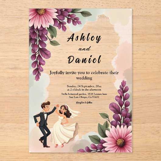 水エレガント色フローラ新郎新婦シック結婚 アクリル招待状 (正面)