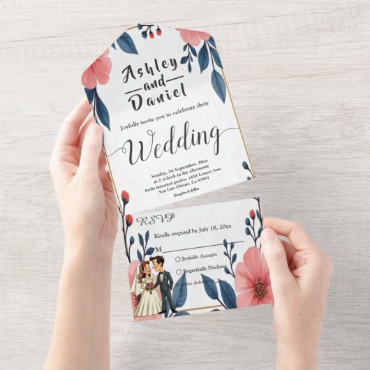 水エレガント色フローラ新郎新婦シック結婚 オールインワン招待状 (貼ってはがせる)