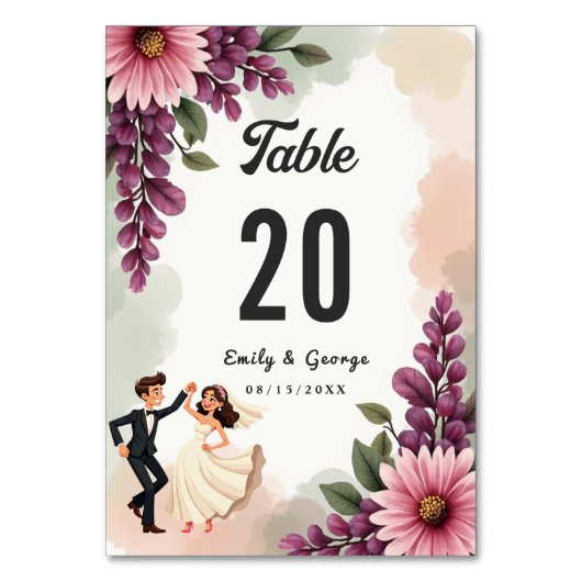 水エレガント色フローラ新郎新婦シック結婚 テーブルナンバー (正面)