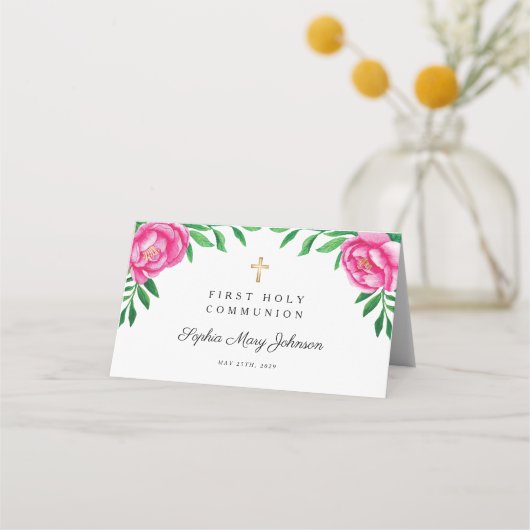 水エレガント色フローラ牡丹の最初の聖餐式 プレイスカード (裏面)