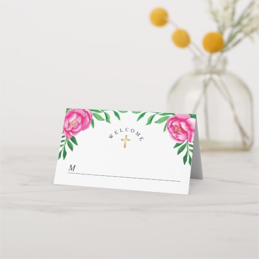 水エレガント色フローラ牡丹の最初の聖餐式 プレイスカード (正面)