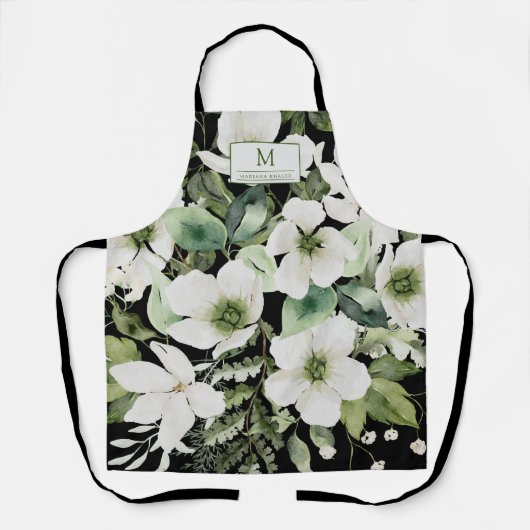 水エレガント色フローラ白黒 エプロン (正面)