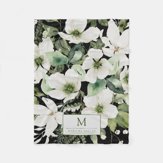 水エレガント色フローラ白黒 フリースブランケット (正面)