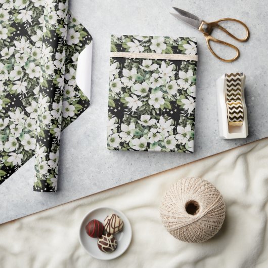 水エレガント色フローラ白黒 ラッピングペーパー (クラフト)