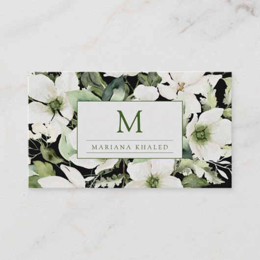 水エレガント色フローラ白黒 名刺 (正面)