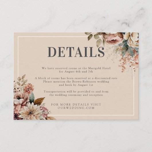 水エレガント色フローラ秋の結婚式詳細 エンクロージャーカード (正面)