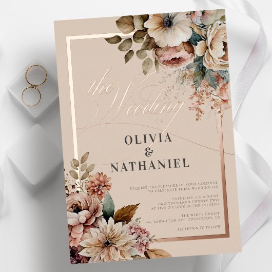 水エレガント色フローラ秋の結婚式 箔招待状