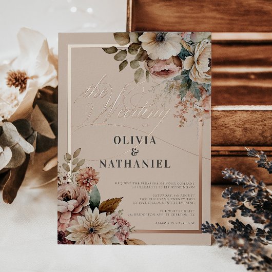 水エレガント色フローラ秋の結婚式 箔招待状