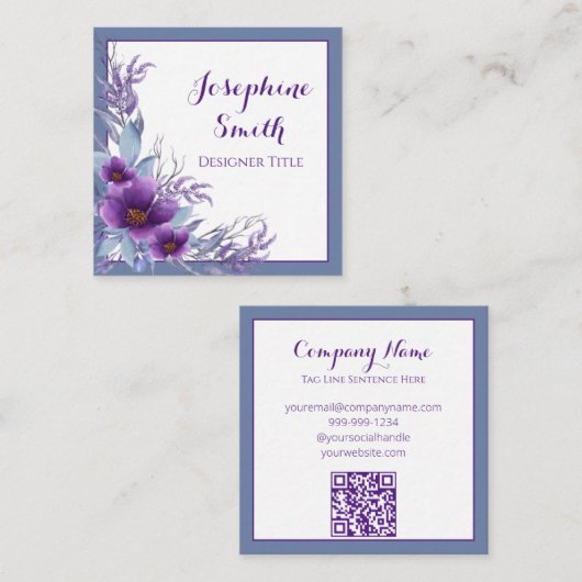 水エレガント色フローラ紫ブルー スクエア名刺 (正面/裏面)