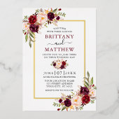 水エレガント色フローラ結婚のブルゴーニュ金ゴールド 箔招待状 (正面)
