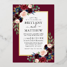 水エレガント色フローラ結婚のブルゴーニュ金ゴールド 箔招待状