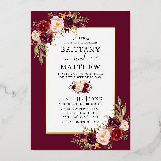水エレガント色フローラ結婚のブルゴーニュ金ゴールド 箔招待状 (正面)