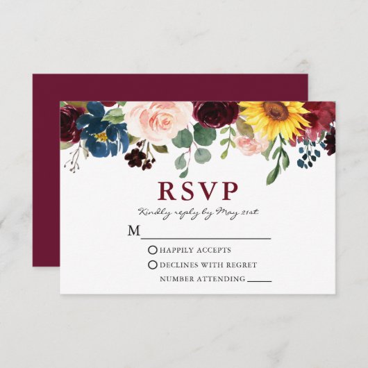 水エレガント色フローラ結婚のブルゴーニュ 出欠カード (正面/裏面)