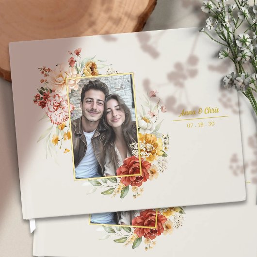 水エレガント色フローラ結婚の写真金ゴールド ゲストブック