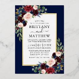 水エレガント色フローラ結婚の青金ゴールド 箔招待状