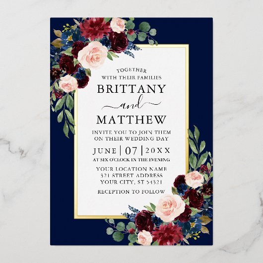 水エレガント色フローラ結婚の青金ゴールド 箔招待状 (正面)