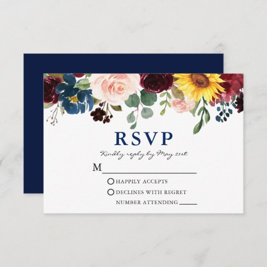 水エレガント色フローラ結婚の青 出欠カード (正面/裏面)