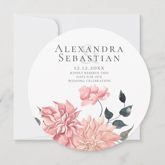 水エレガント色フローラ結婚式の日付を保存 セーブザデート (正面)