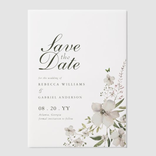 水エレガント色フローラ結婚式の日付を保存 ベラム紙招待状 (正面)