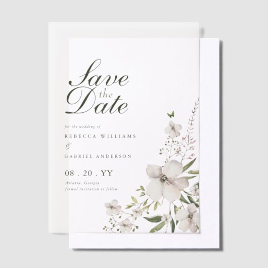 水エレガント色フローラ結婚式の日付を保存 ベラム紙招待状 (オフセット)