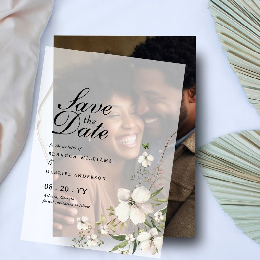 水エレガント色フローラ結婚式の日付を保存 ベラム紙招待状