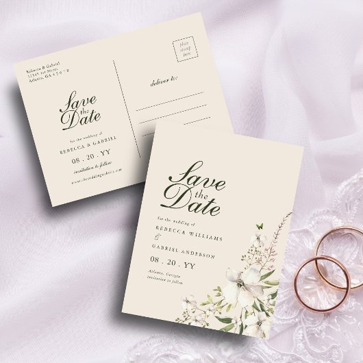 水エレガント色フローラ結婚式の日付を保存 ポストカード