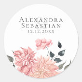 水エレガント色フローラ結婚式の日付を保存 ラウンドシール (正面)