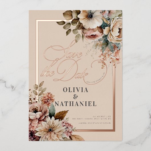 水エレガント色フローラ結婚式の日付を保存 箔招待状 (正面)