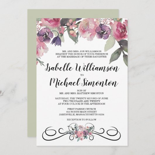 水エレガント色フローラ結婚式招待状 招待状 (正面/裏面)