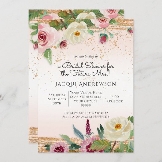 水エレガント色フローラ赤面バラ金ゴールドブライダル 招待状 (正面/裏面)