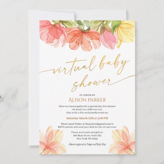 水エレガント色フローラ金ゴールドスクリプト仮想 招待状 (正面)