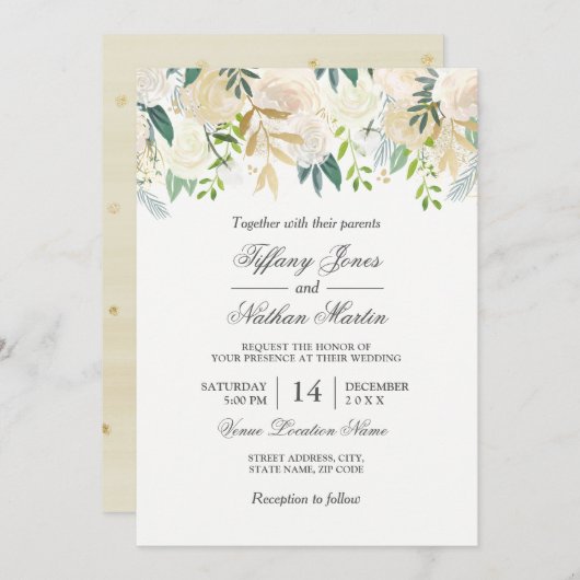 水エレガント色フローラ金ゴールド結婚式招待状 招待状 (正面/裏面)