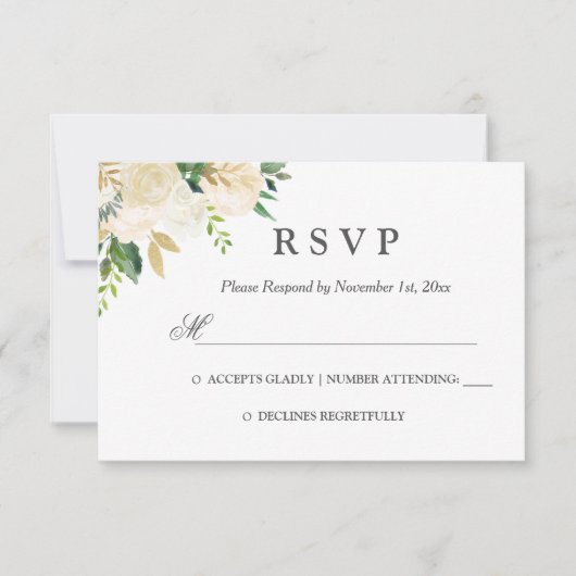 水エレガント色フローラ金ゴールド結婚式RSVP 出欠カード (正面)