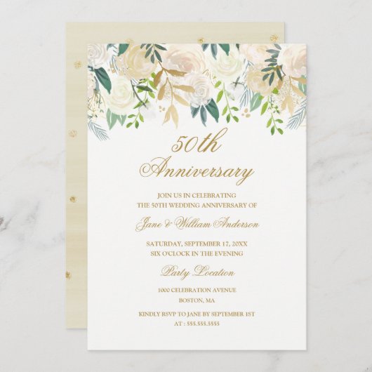 水エレガント色フローラ金ゴールド記念日 招待状 (正面/裏面)