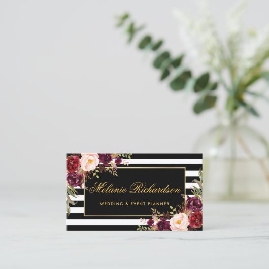 水エレガント色フローラ金ゴールド黒ストライプの 名刺 (スタンド正面)