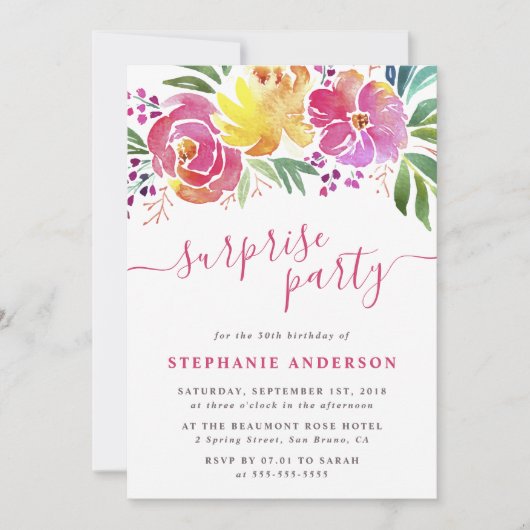 水エレガント色フローラ驚きのパーティー招待状 招待状 (正面)