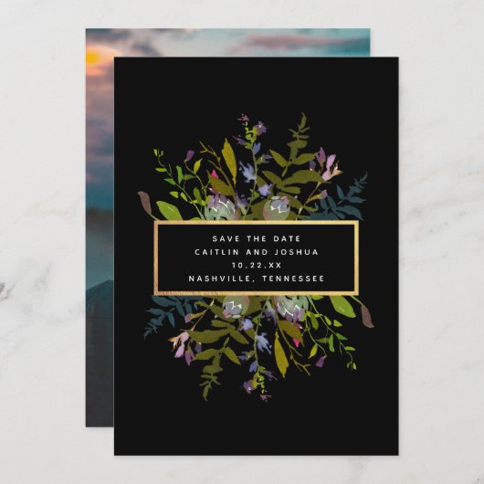 水エレガント色フローラ黒の背景の写真S セーブザデート (正面/裏面)