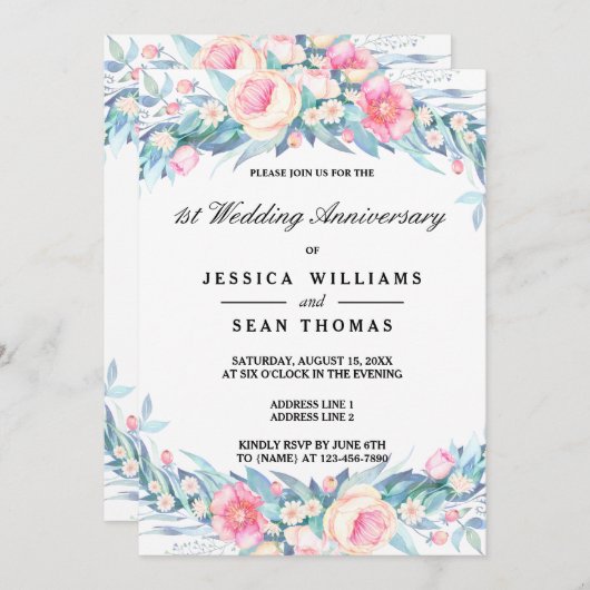 水エレガント色フローラ1周年結婚記念 招待状 (正面/裏面)