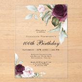 水エレガント色フローラ100誕生日 アクリル招待状 (正面)