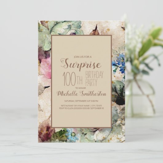 水エレガント色フローラ100誕生日 招待状 (スタンド正面)