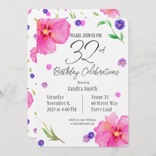 水エレガント色フローラ32番目の誕生日招待状 招待状 (正面/裏面)