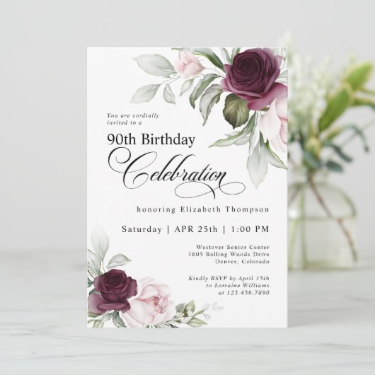 水エレガント色フローラ90誕生日 招待状 (スタンド正面)