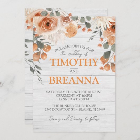 水エレガント色フローラ&ウッド結婚ズ 招待状 (正面/裏面)