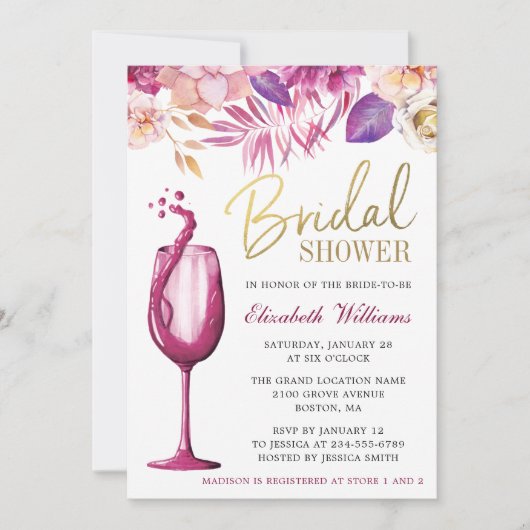 水エレガント色フローラ |ワインブライダルシャワー 招待状 (正面)