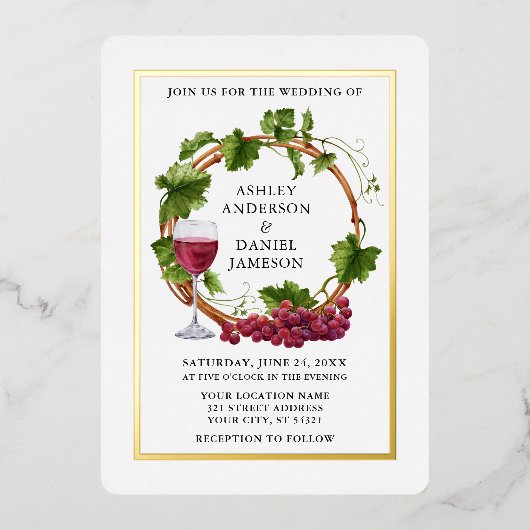 水エレガント色ブドウつる植物リース結婚金ゴールド 箔招待状 (正面)