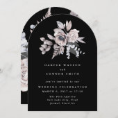 水エレガント色ブラックフローラ結婚のアーチ 招待状 (正面/裏面)