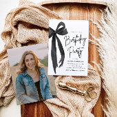 水エレガント色ブラックボウ誕生日パーティー 招待状