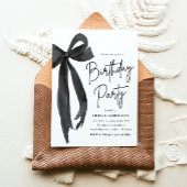 水エレガント色ブラックボウ誕生日パーティー 招待状